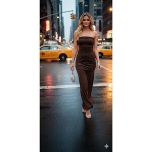 ZARA Chocolate Brown Draped Strapless Maxi Dress Ruched Boho Chic Textured Small